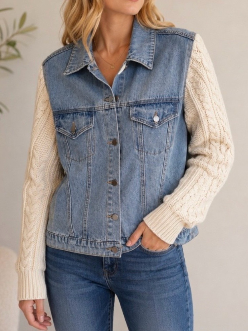 Vici Blue Denim Jacket with Cream Knit Cable Sleeves-